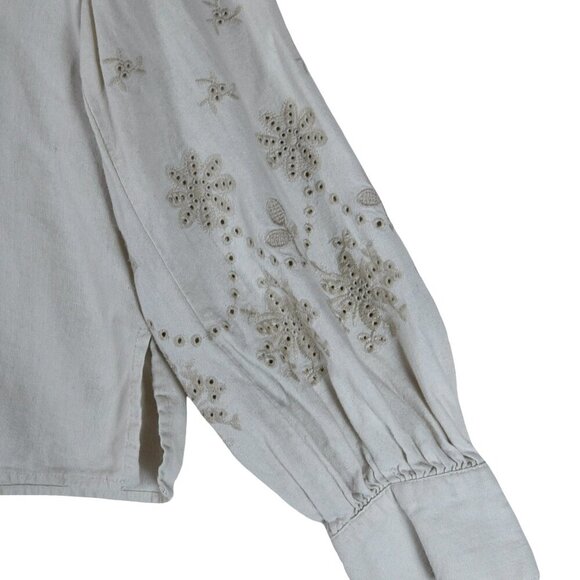 Tahari Linen Blend Embroidered Balloon Sleeve Blouse L Boho Cottagecore - Picture 3 of 8